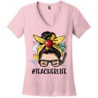 Hashtag Teacher Life Hair Bun Gift For Teacher Women's V-Neck T-Shirt