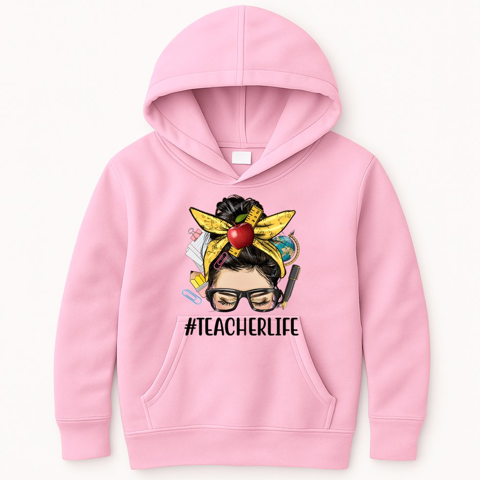 Hashtag Teacher Life Hair Bun Gift For Teacher Kids Hoodie