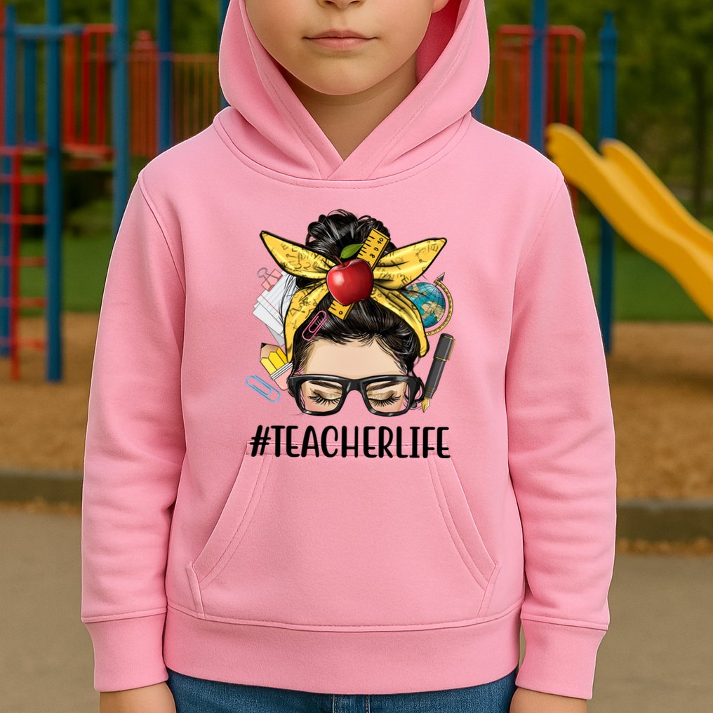 Hashtag Teacher Life Hair Bun Gift For Teacher Kids Hoodie