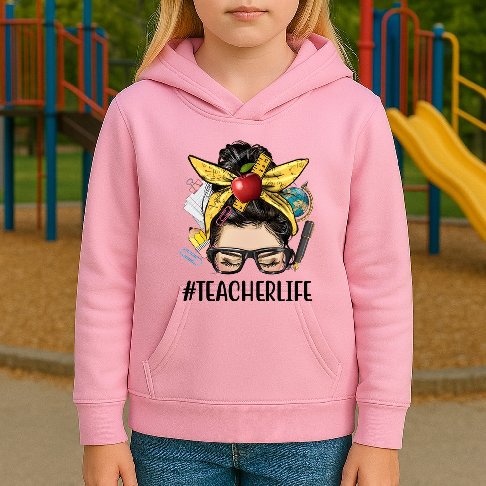Hashtag Teacher Life Hair Bun Gift For Teacher Kids Hoodie