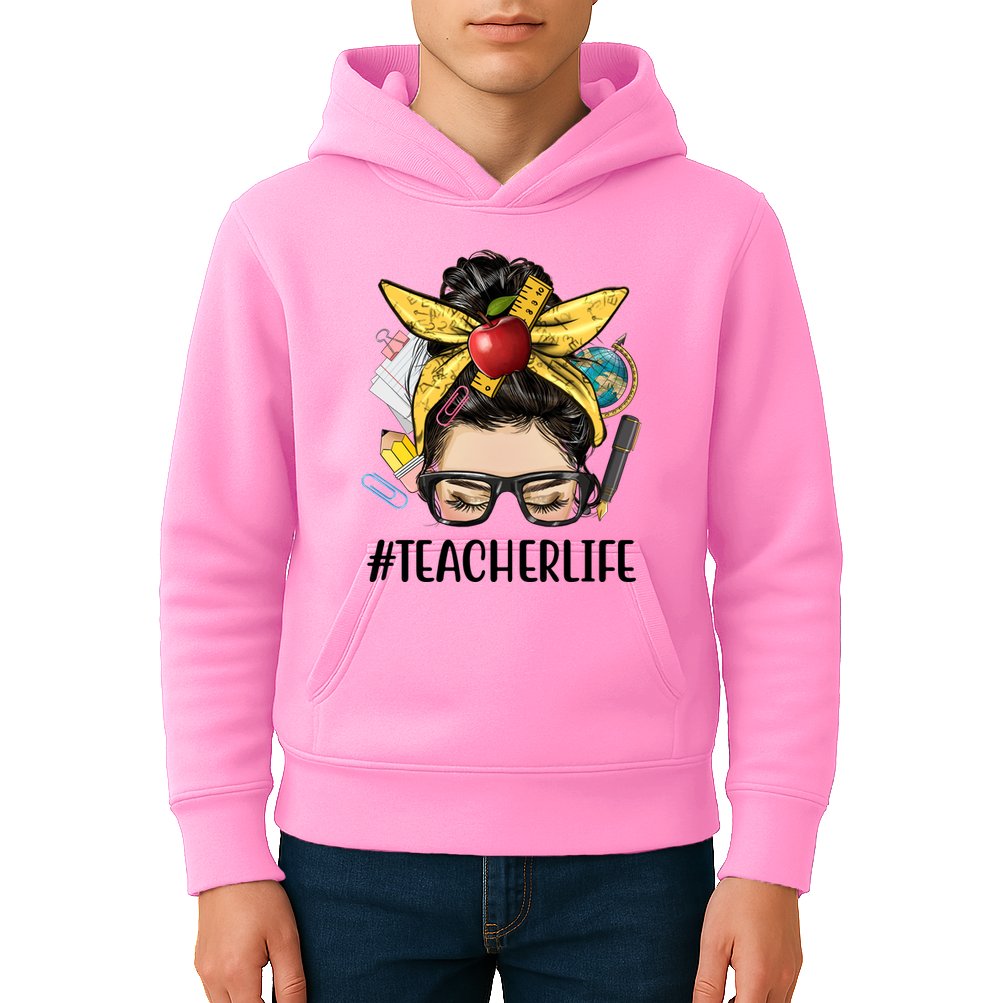 Hashtag Teacher Life Hair Bun Gift For Teacher Kids Hoodie