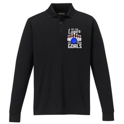 Hit The Lanes Hit Your Goals Bowling Performance Long Sleeve Polo