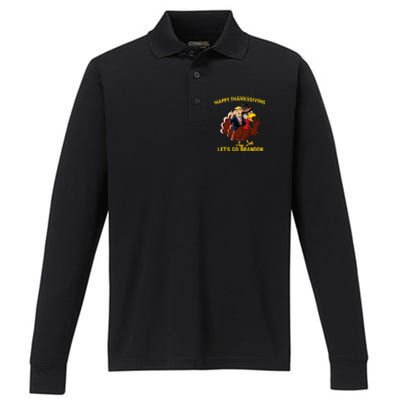 Happy Thanksgiving Lets Go Brandon Funny Trump Riding Turkey Performance Long Sleeve Polo