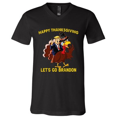 Happy Thanksgiving Lets Go Brandon Funny Trump Riding Turkey V-Neck T-Shirt