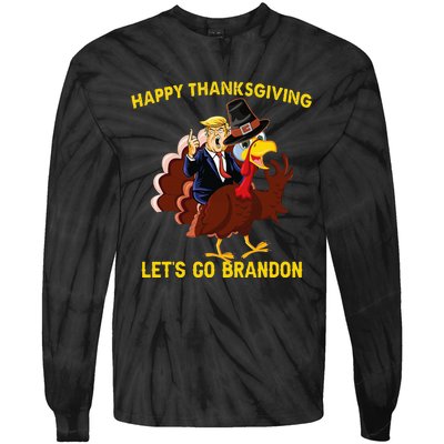 Happy Thanksgiving Lets Go Brandon Funny Trump Riding Turkey Tie-Dye Long Sleeve Shirt