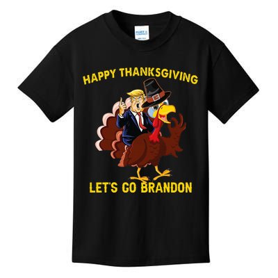 Happy Thanksgiving Lets Go Brandon Funny Trump Riding Turkey Kids T-Shirt