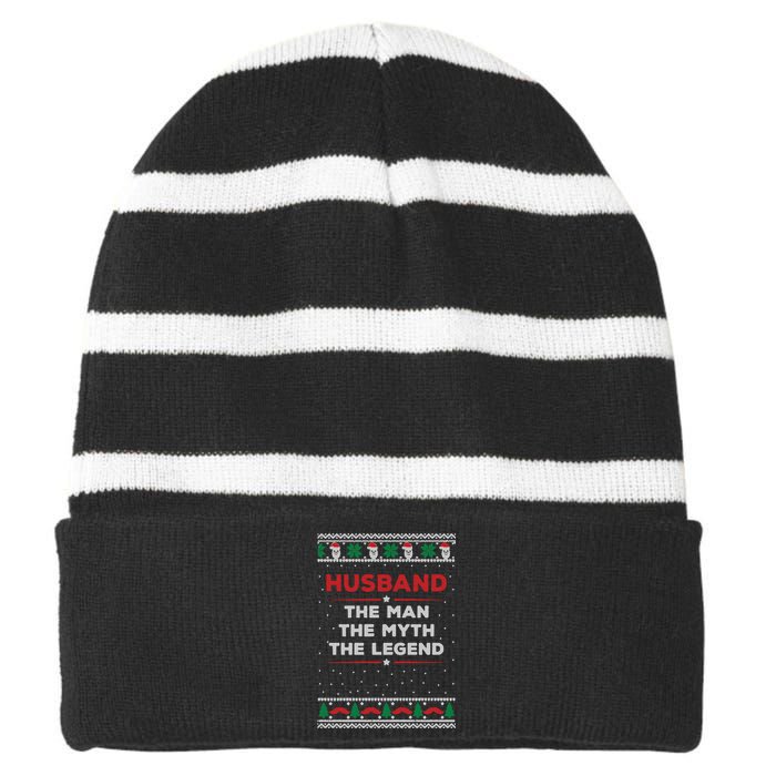 Husband The Man Myth The Legend Ugly Christmas Sweater Striped Beanie with Solid Band