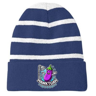 Hawk Tuah Meme Eggplant Joke T Huck Tua Striped Beanie with Solid Band