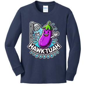 Hawk Tuah Meme Eggplant Joke T Huck Tua Kids Long Sleeve Shirt