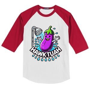 Hawk Tuah Meme Eggplant Joke T Huck Tua Kids Colorblock Raglan Jersey