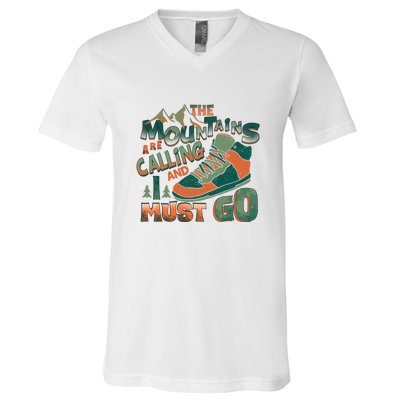 Hiking The Mountains Are Calling I Must Go Gift Hiking Shoes V-Neck T-Shirt