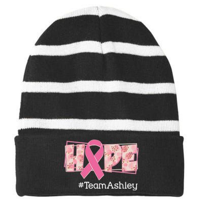 Hope Team Name Custom Breast Cancer Awareness Striped Beanie with Solid Band