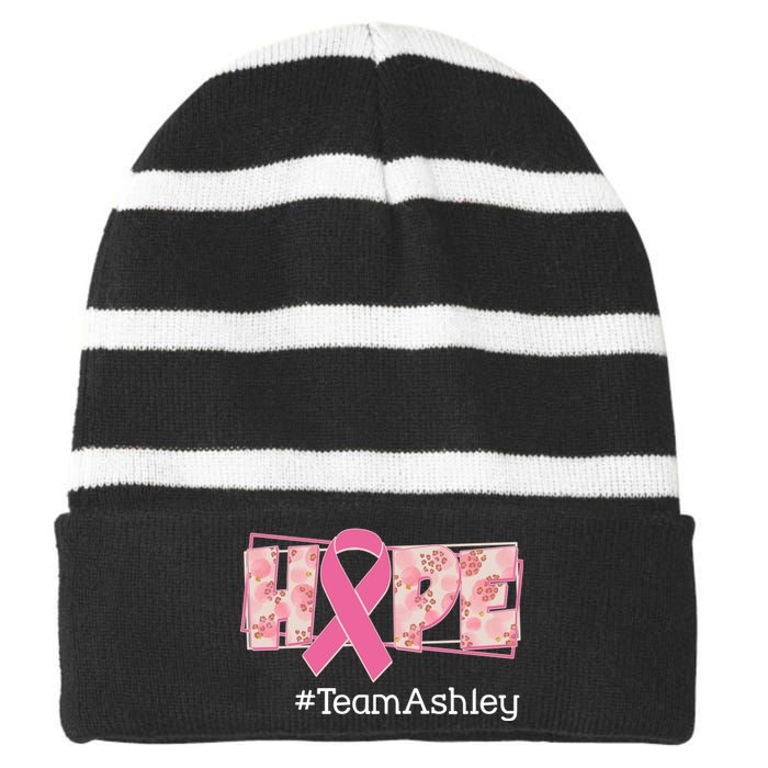 Hope Team Name Custom Breast Cancer Awareness Striped Beanie with Solid Band