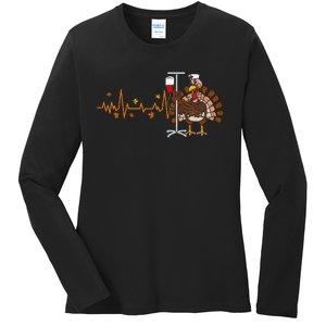 Heartbeat Turkey Nurse Thanksgiving Scrub Ladies Long Sleeve Shirt