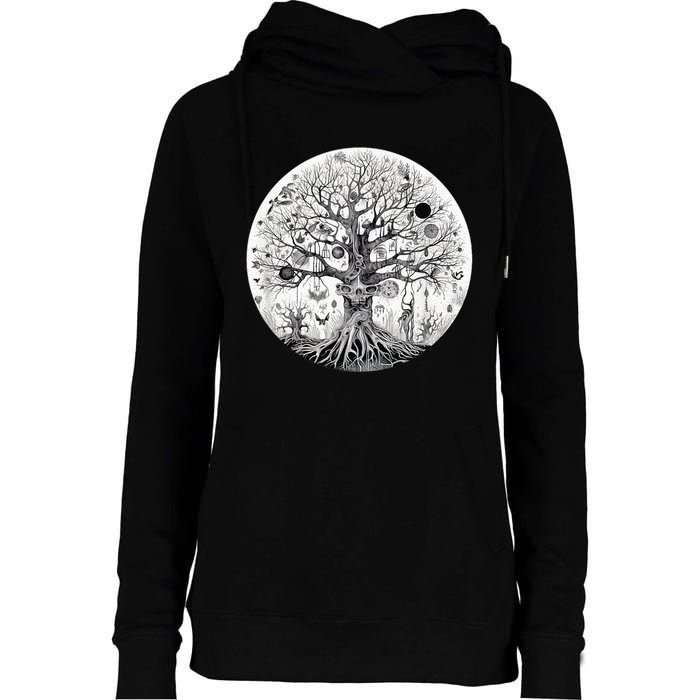 Haunted Tree of Life Spooky Graphic Art Skulls Gothic Tree Womens Funnel Neck Pullover Hood