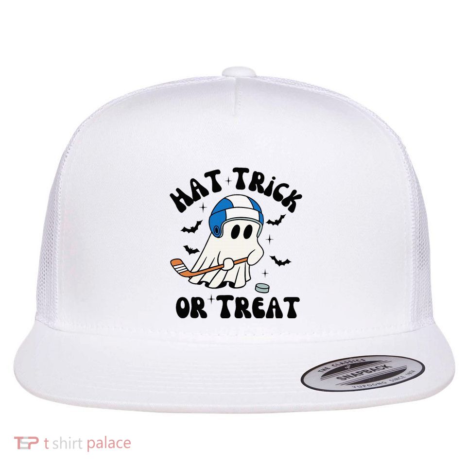 Hat Trick Or Treat Hilarious Hockey Halloween Family Flat Bill Trucker Hat