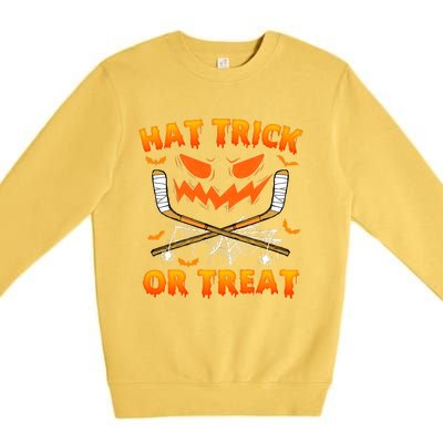 Hat Trick Or Treat Funny Ice Hockey Halloween Costume Player Premium Crewneck Sweatshirt