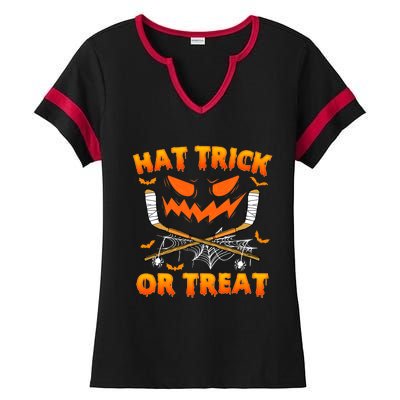 Hat Trick Or Treat Funny Ice Hockey Halloween Costume Player Ladies Halftime Notch Neck Tee