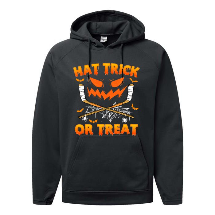 Hat Trick Or Treat Funny Ice Hockey Halloween Costume Player Performance Fleece Hoodie