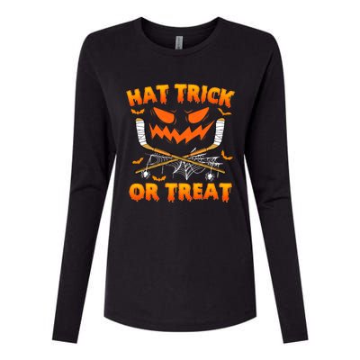 Hat Trick Or Treat Funny Ice Hockey Halloween Costume Player Womens Cotton Relaxed Long Sleeve T-Shirt