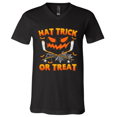 Hat Trick Or Treat Funny Ice Hockey Halloween Costume Player V-Neck T-Shirt