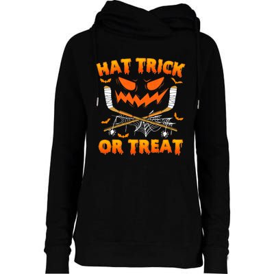 Hat Trick Or Treat Funny Ice Hockey Halloween Costume Player Womens Funnel Neck Pullover Hood