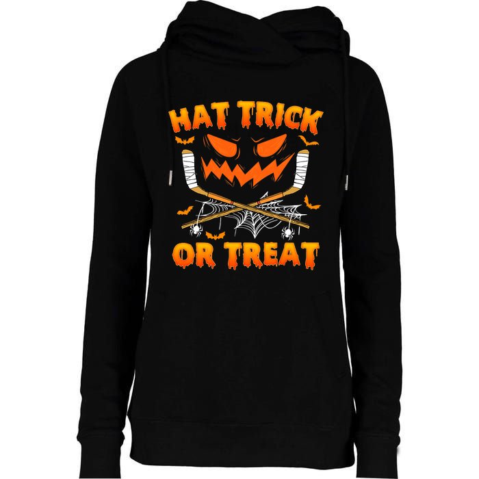 Hat Trick Or Treat Funny Ice Hockey Halloween Costume Player Womens Funnel Neck Pullover Hood