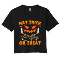 Hat Trick Or Treat Funny Ice Hockey Halloween Costume Player Women's Crop Top Tee