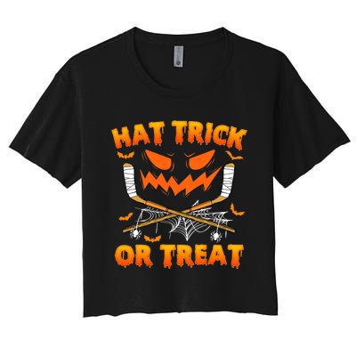 Hat Trick Or Treat Funny Ice Hockey Halloween Costume Player Women's Crop Top Tee