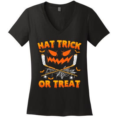 Hat Trick Or Treat Funny Ice Hockey Halloween Costume Player Women's V-Neck T-Shirt