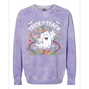 Halloween Trick Or Teach Groovy Retro Ghost Floral Teacher Gift Colorblast Crewneck Sweatshirt