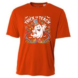 Halloween Trick Or Teach Groovy Retro Ghost Floral Teacher Gift Cooling Performance Crew T-Shirt