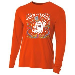 Halloween Trick Or Teach Groovy Retro Ghost Floral Teacher Gift Cooling Performance Long Sleeve Crew