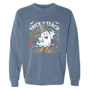 Halloween Trick Or Teach Groovy Retro Ghost Floral Teacher Gift Garment-Dyed Sweatshirt