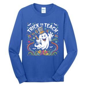 Halloween Trick Or Teach Groovy Retro Ghost Floral Teacher Gift Tall Long Sleeve T-Shirt