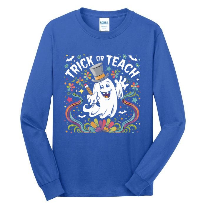 Halloween Trick Or Teach Groovy Retro Ghost Floral Teacher Gift Tall Long Sleeve T-Shirt