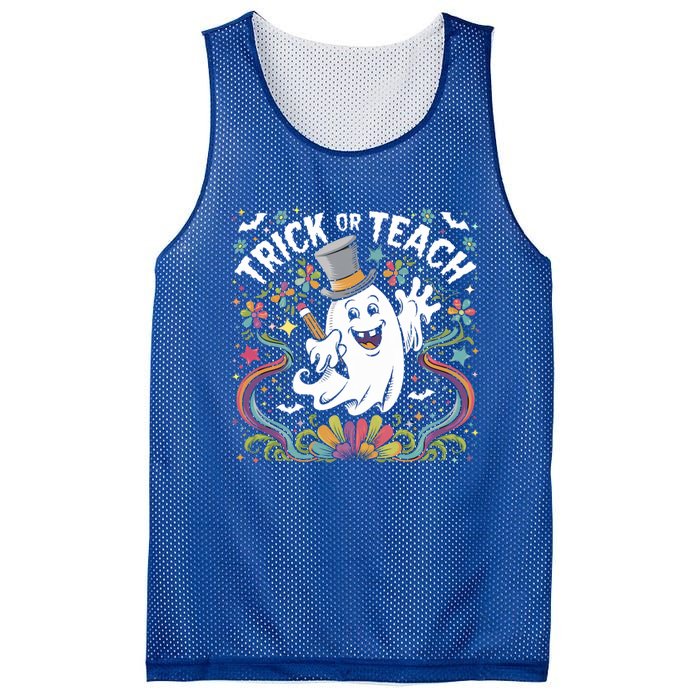 Halloween Trick Or Teach Groovy Retro Ghost Floral Teacher Gift Mesh Reversible Basketball Jersey Tank