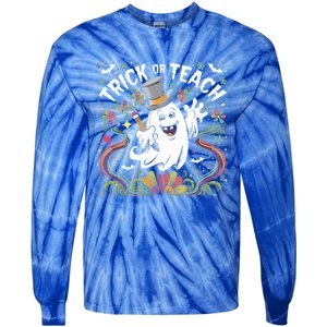 Halloween Trick Or Teach Groovy Retro Ghost Floral Teacher Gift Tie-Dye Long Sleeve Shirt