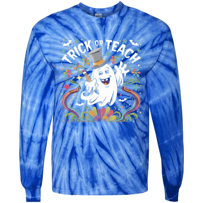 Halloween Trick Or Teach Groovy Retro Ghost Floral Teacher Gift Tie-Dye Long Sleeve Shirt