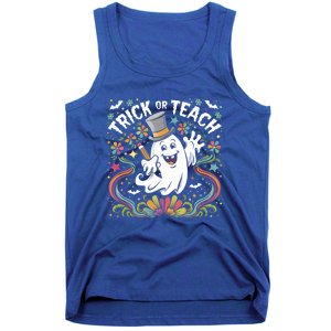 Halloween Trick Or Teach Groovy Retro Ghost Floral Teacher Gift Tank Top