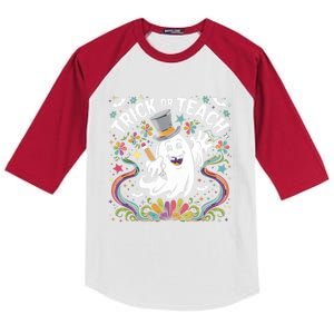 Halloween Trick Or Teach Groovy Retro Ghost Floral Teacher Gift Kids Colorblock Raglan Jersey