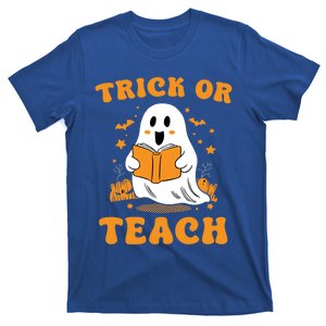 Halloween Trick Or Teach Groovy Teacher Ghost Reading Book Gift T-Shirt