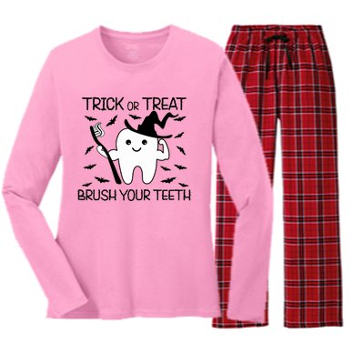 Halloween Trick Or Treat Brush Your Teeth Spooky Dentist Gift Women's Long Sleeve Flannel Pajama Set 