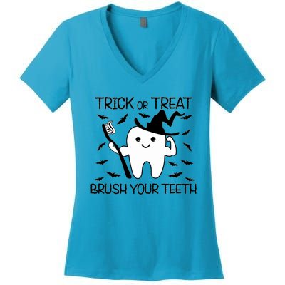 Halloween Trick Or Treat Brush Your Teeth Spooky Dentist Gift Women's V-Neck T-Shirt