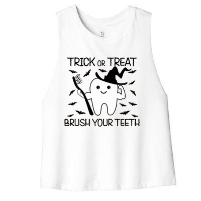 Halloween Trick Or Treat Brush Your Teeth Spooky Dentist Gift Women's Racerback Cropped Tank