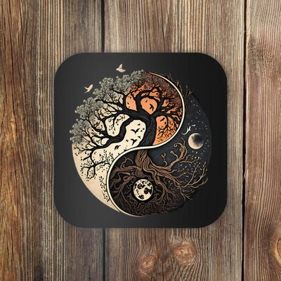 Harmonious Tree Of Life Yin Yang Black Coaster
