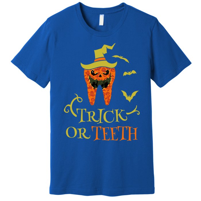 Halloween Trick Or Teeth Pumpkin Dentist Scary Funny Dental Cool Gift Premium T-Shirt