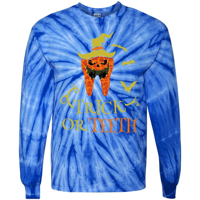 Halloween Trick Or Teeth Pumpkin Dentist Scary Funny Dental Cool Gift Tie-Dye Long Sleeve Shirt