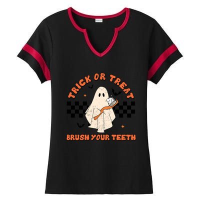 Halloween Trick Or Treat Brush Your Teeth Dental Ghost Funny Cool Gift Ladies Halftime Notch Neck Tee