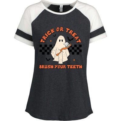 Halloween Trick Or Treat Brush Your Teeth Dental Ghost Funny Cool Gift Enza Ladies Jersey Colorblock Tee